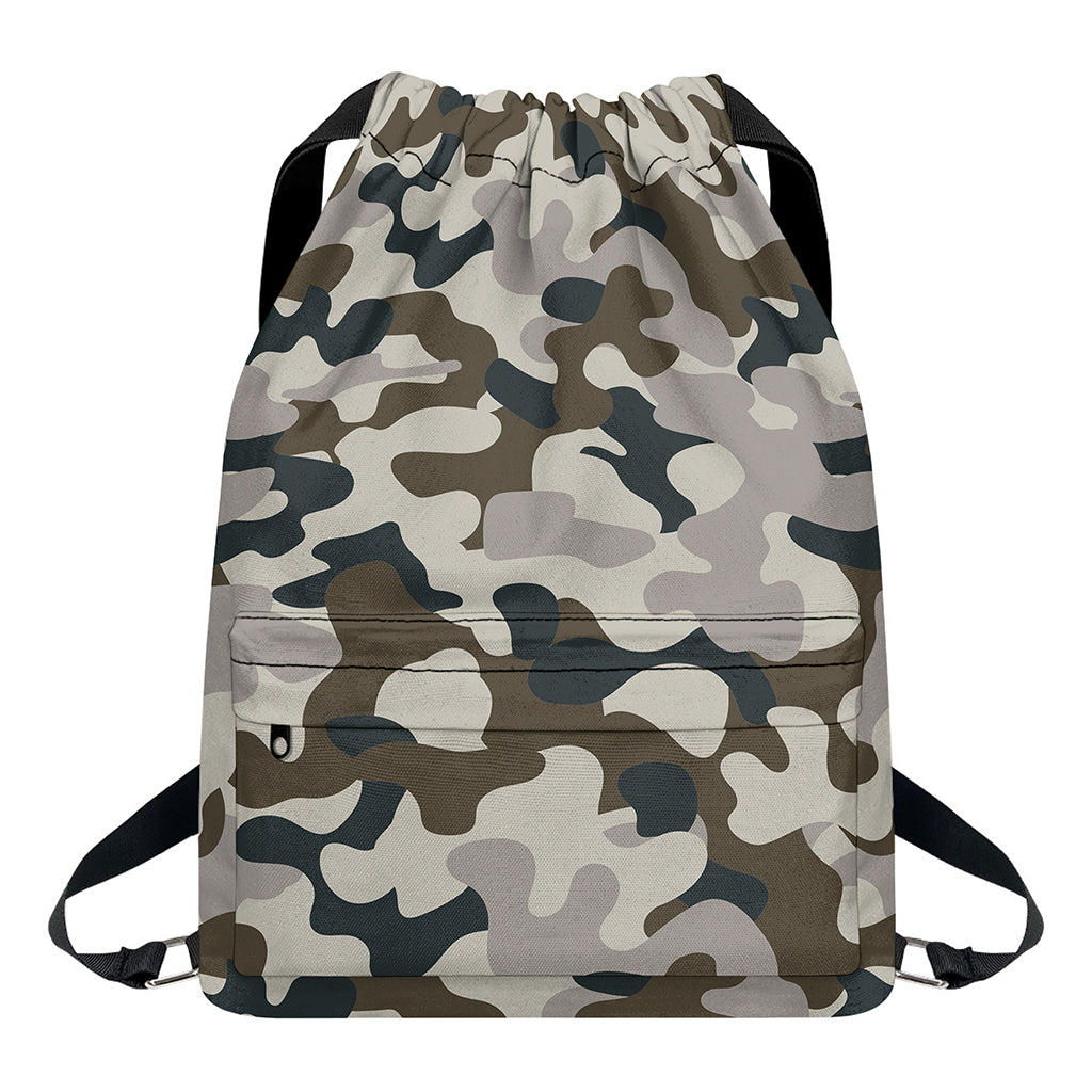 Grey And Brown Camouflage Print Drawstring Backpack