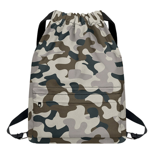 Grey And Brown Camouflage Print Drawstring Backpack