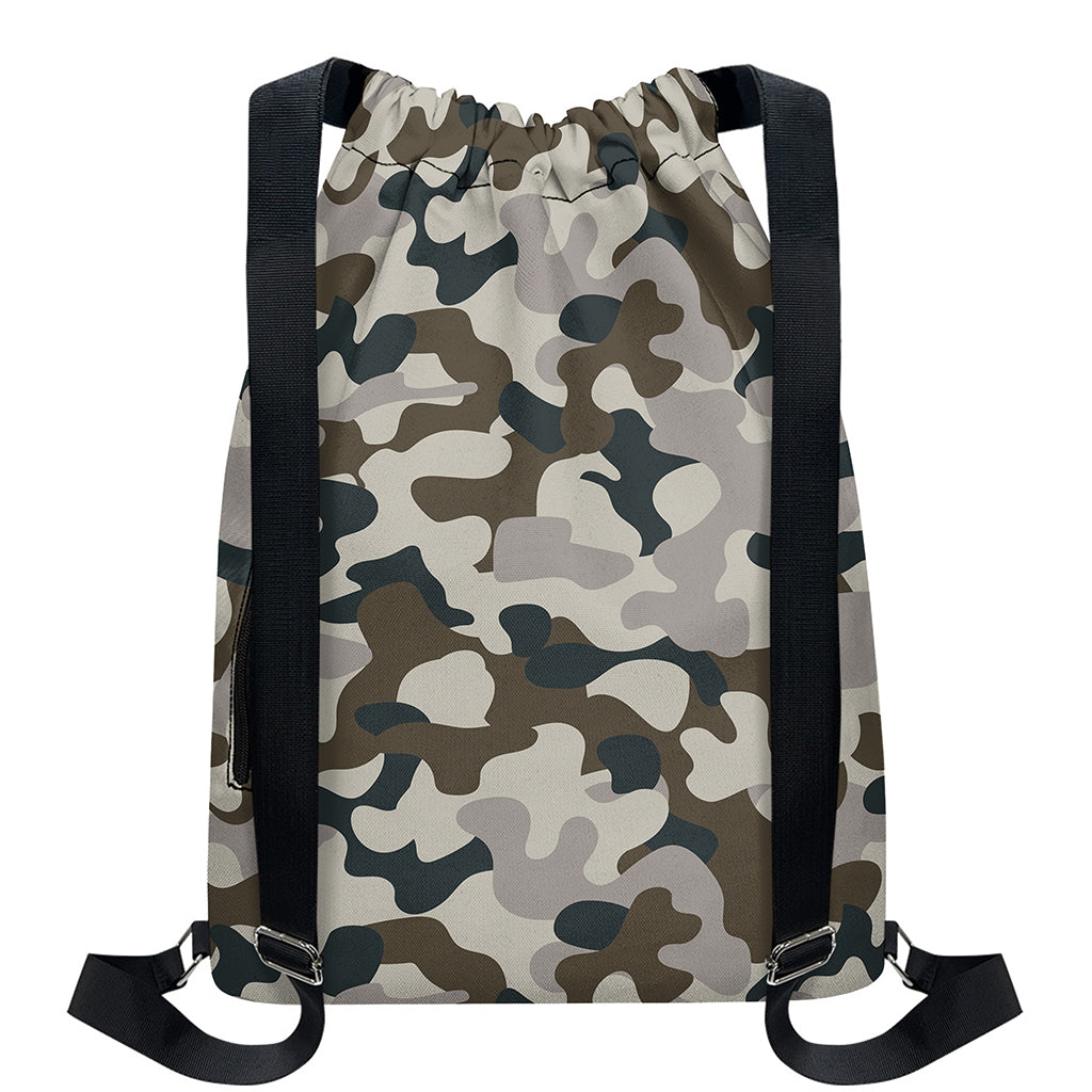 Grey And Brown Camouflage Print Drawstring Backpack