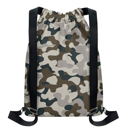 Grey And Brown Camouflage Print Drawstring Backpack