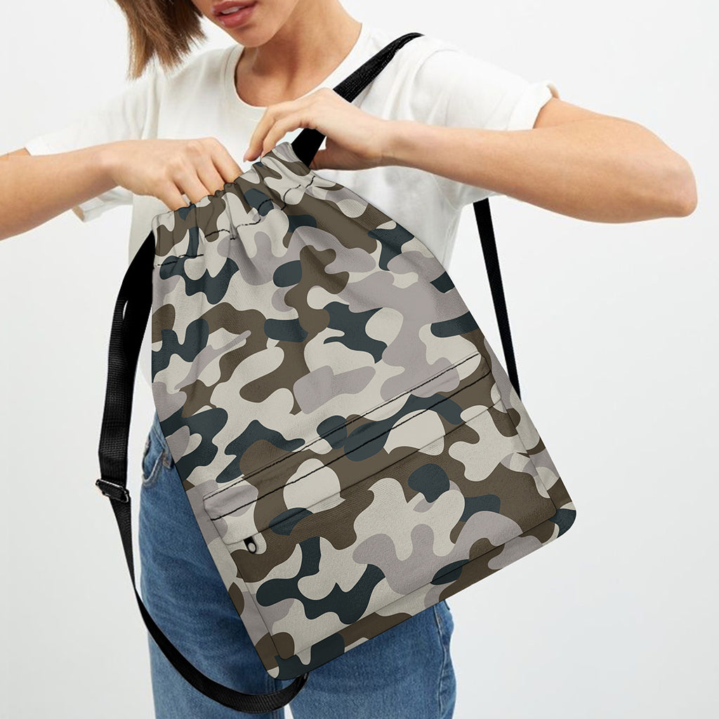 Grey And Brown Camouflage Print Drawstring Backpack