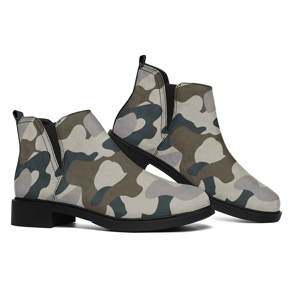 Grey And Brown Camouflage Print Flat Ankle Boots