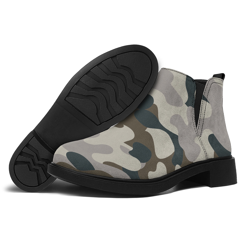 Grey And Brown Camouflage Print Flat Ankle Boots