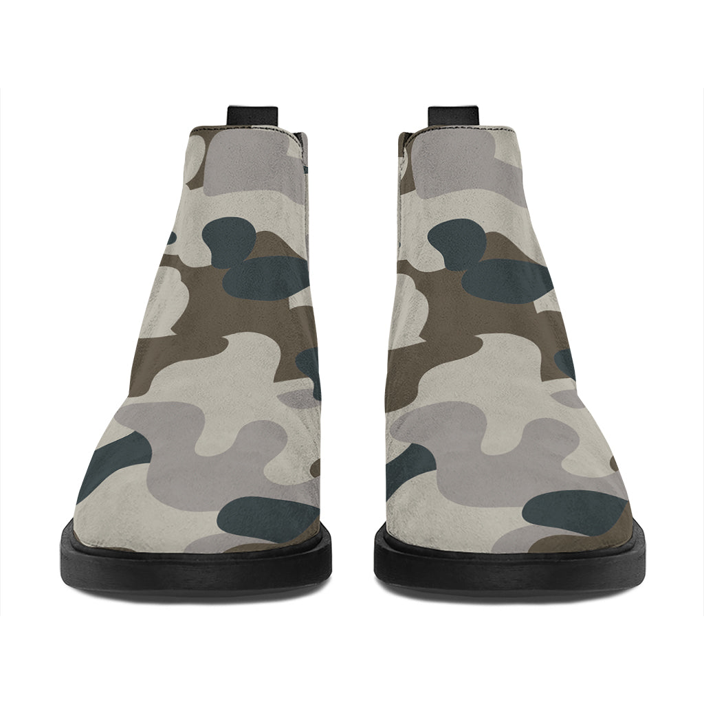 Grey And Brown Camouflage Print Flat Ankle Boots