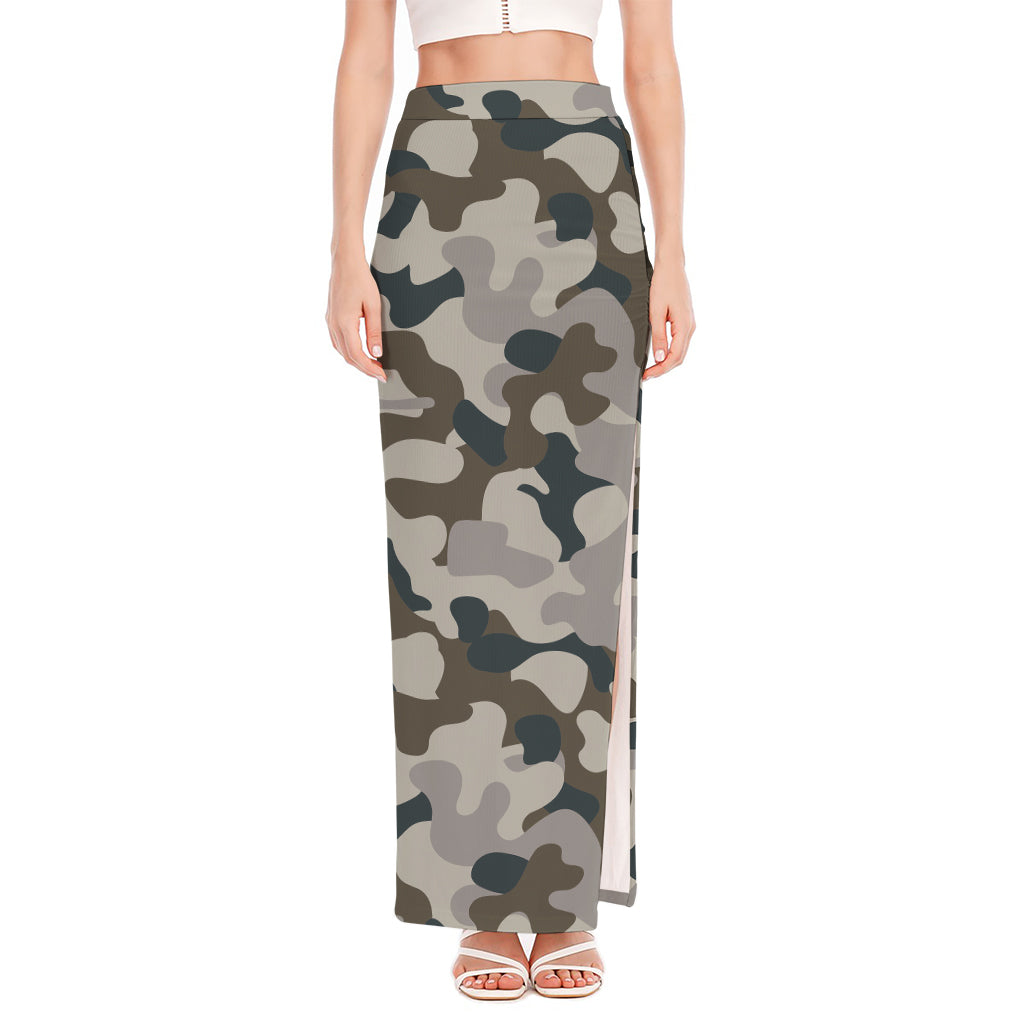 Grey And Brown Camouflage Print High Slit Maxi Skirt