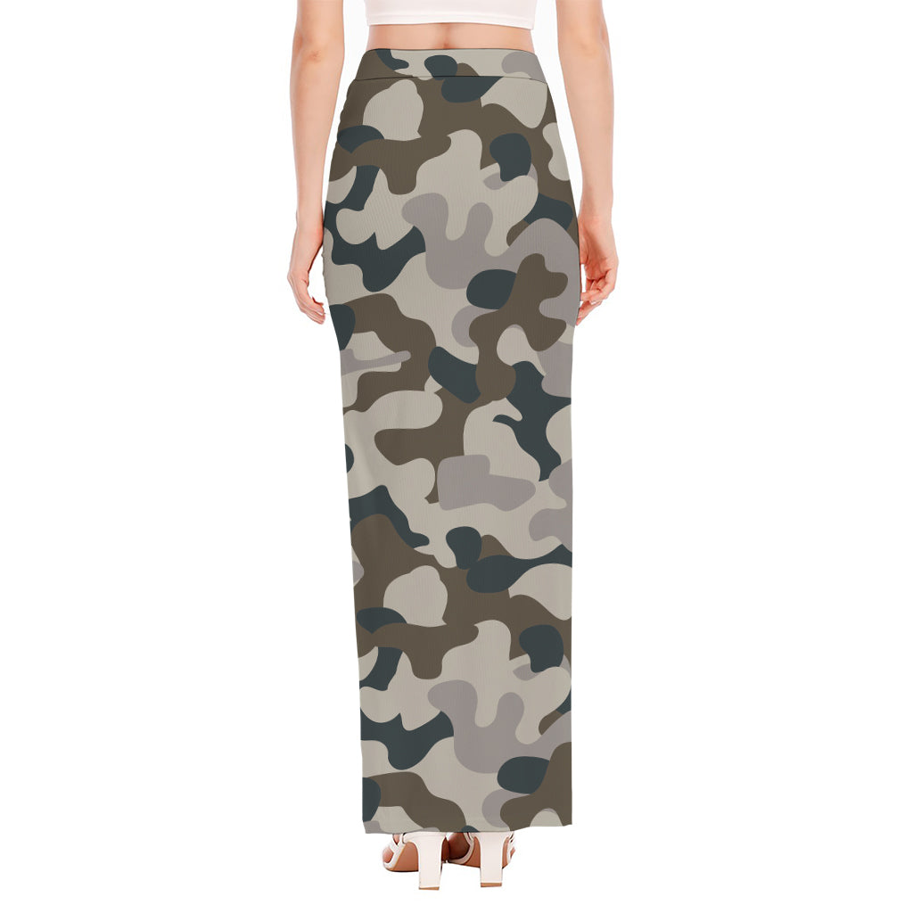 Grey And Brown Camouflage Print High Slit Maxi Skirt