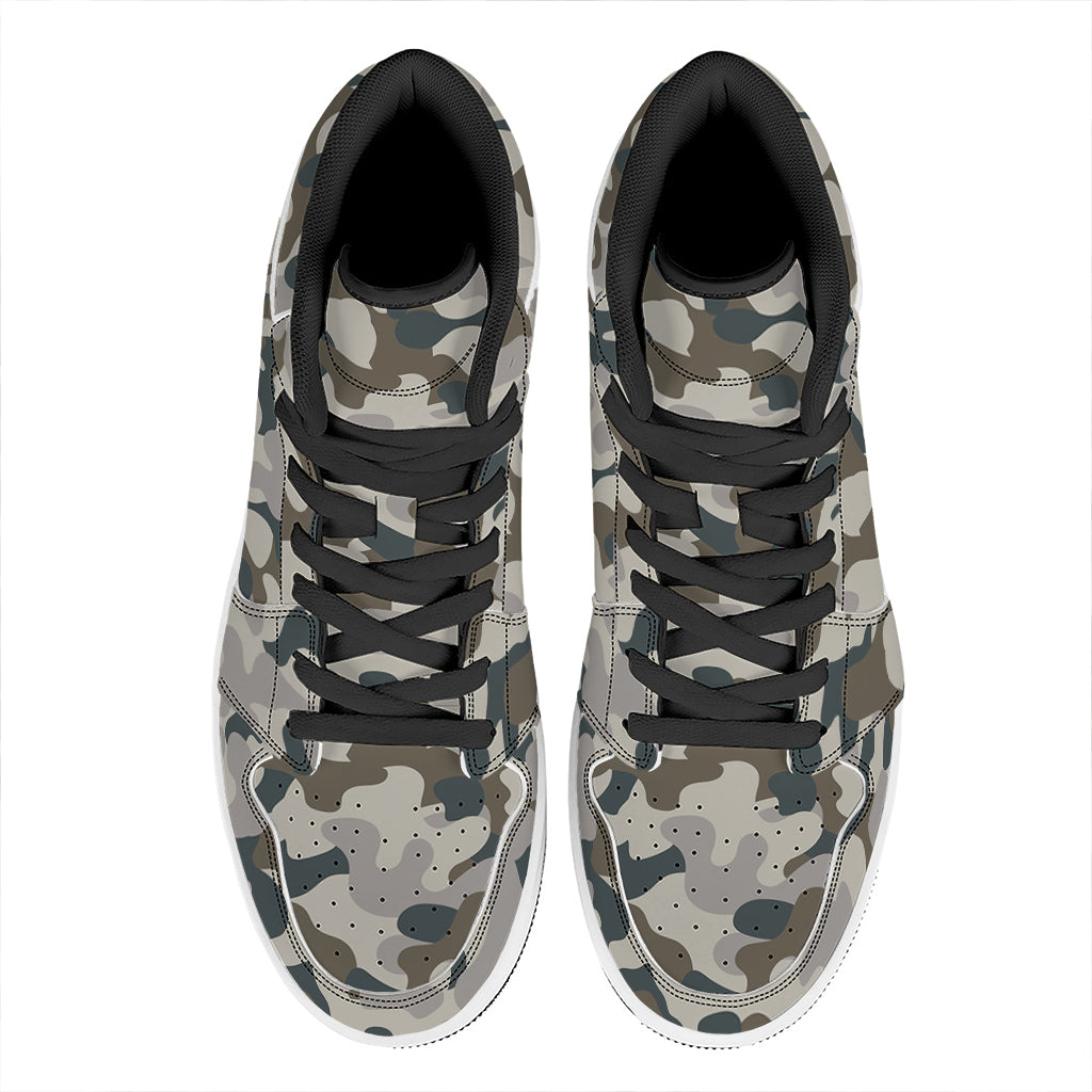 Grey And Brown Camouflage Print High Top Leather Sneakers