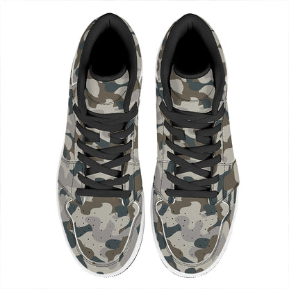 Grey And Brown Camouflage Print High Top Leather Sneakers