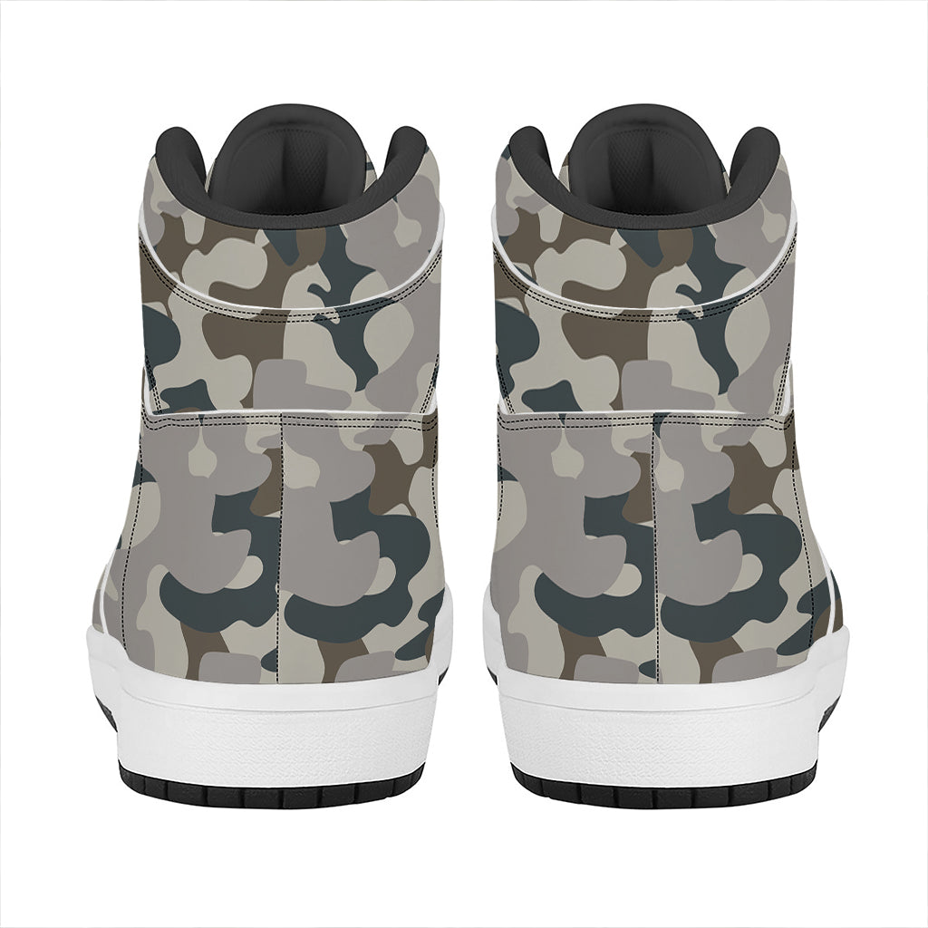Grey And Brown Camouflage Print High Top Leather Sneakers