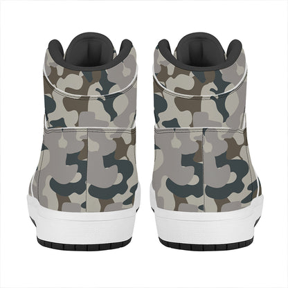 Grey And Brown Camouflage Print High Top Leather Sneakers