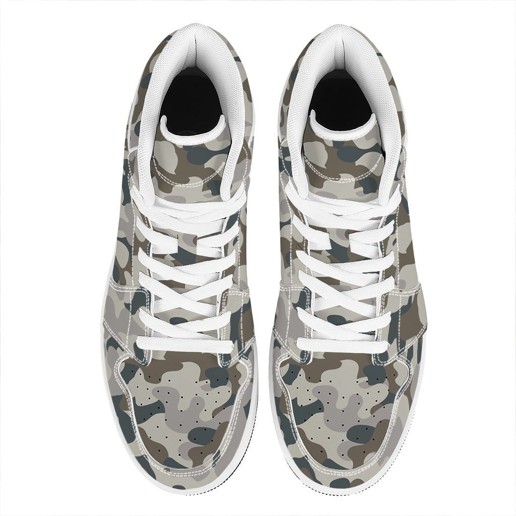 Grey And Brown Camouflage Print High Top Leather Sneakers