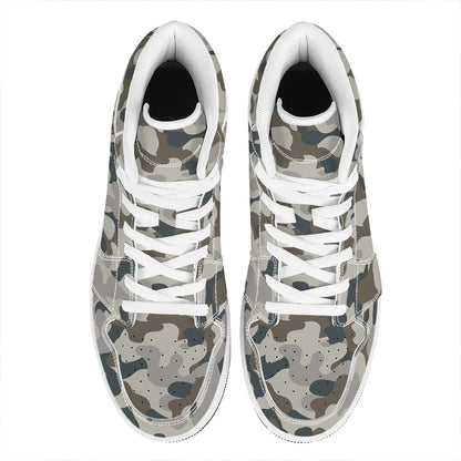 Grey And Brown Camouflage Print High Top Leather Sneakers