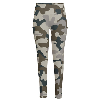 Grey And Brown Camouflage Print High-Waisted Pocket Leggings