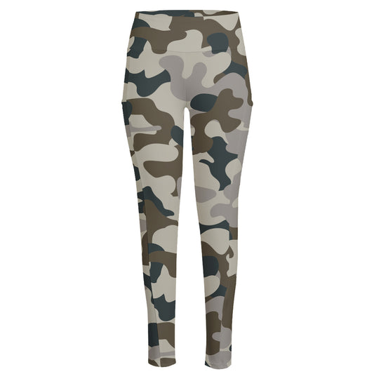 Grey And Brown Camouflage Print High-Waisted Pocket Leggings