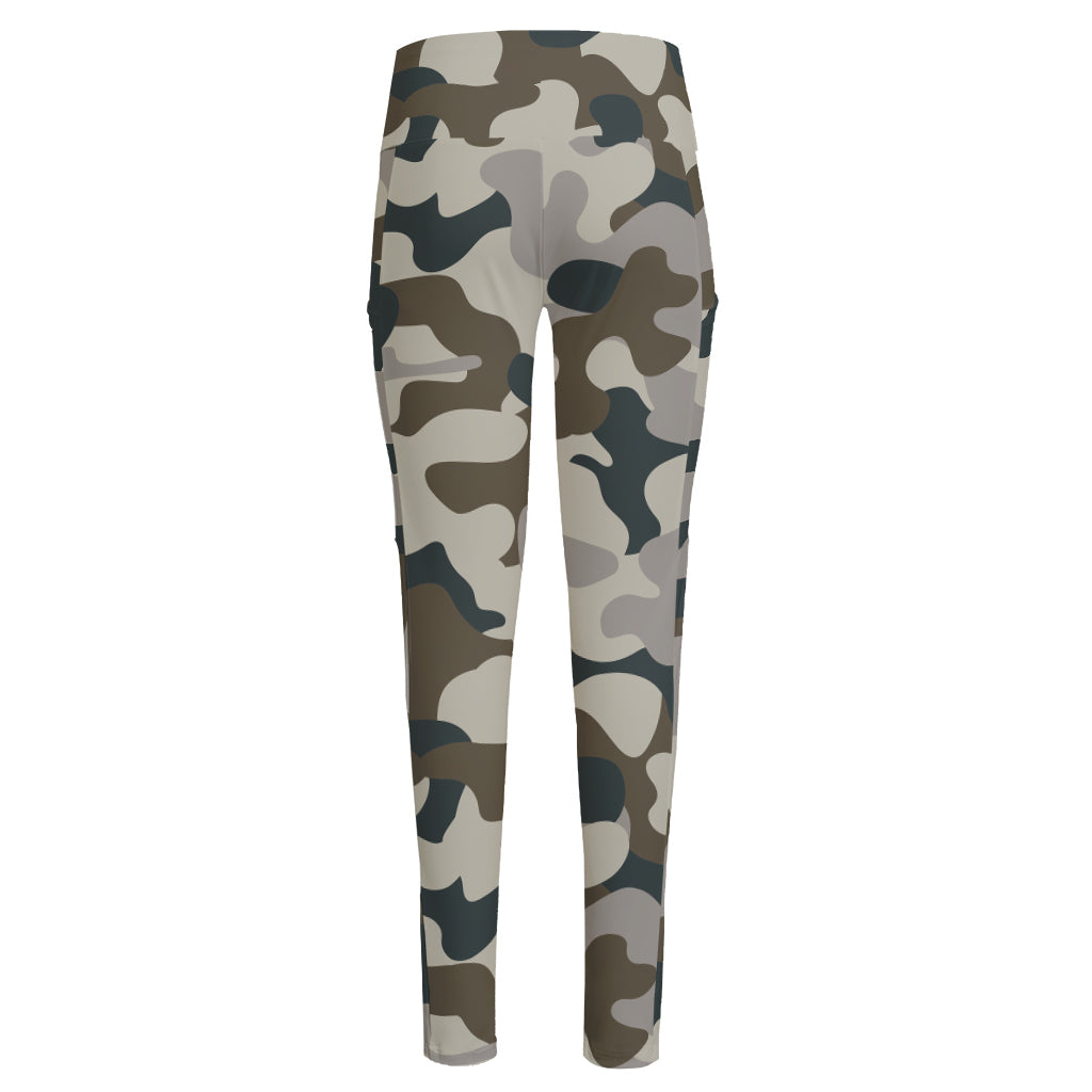 Grey And Brown Camouflage Print High-Waisted Pocket Leggings