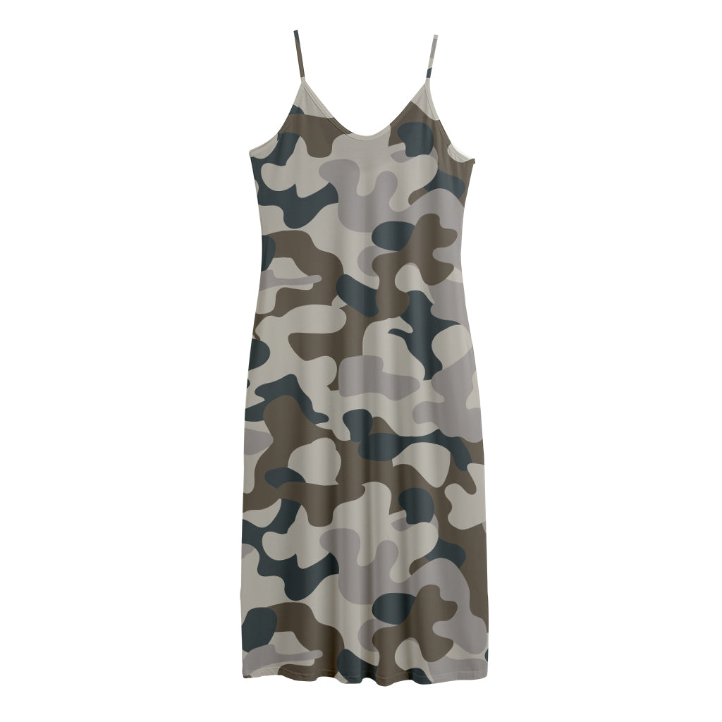 Grey And Brown Camouflage Print Jersey Midi Cami Dress