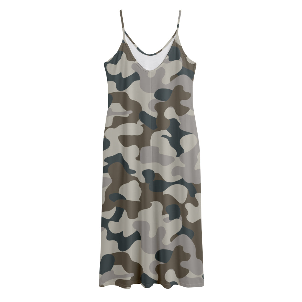 Grey And Brown Camouflage Print Jersey Midi Cami Dress