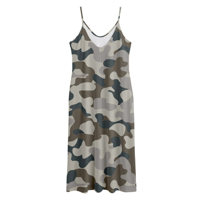 Grey And Brown Camouflage Print Jersey Midi Cami Dress
