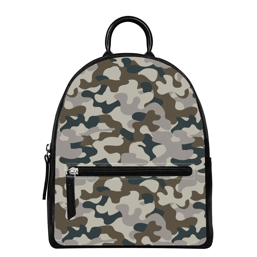 Grey And Brown Camouflage Print Leather Backpack