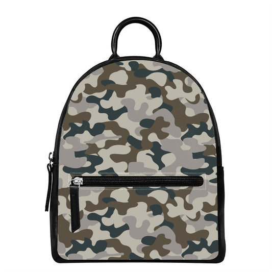 Grey And Brown Camouflage Print Leather Backpack