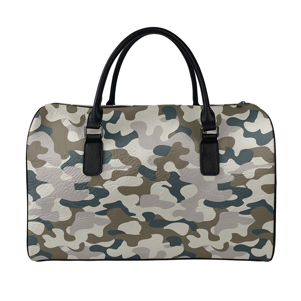 Grey And Brown Camouflage Print Leather Duffle Bag