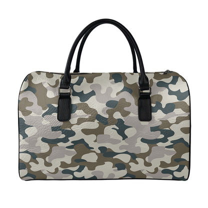 Grey And Brown Camouflage Print Leather Duffle Bag