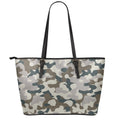 Grey And Brown Camouflage Print Leather Tote Bag With Zipper