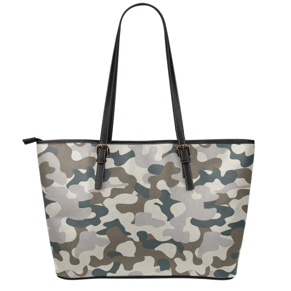 Grey And Brown Camouflage Print Leather Tote Bag