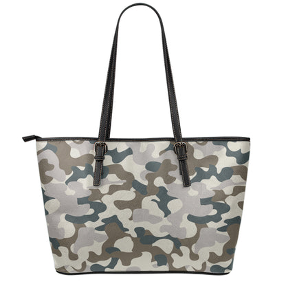 Grey And Brown Camouflage Print Leather Tote Bag