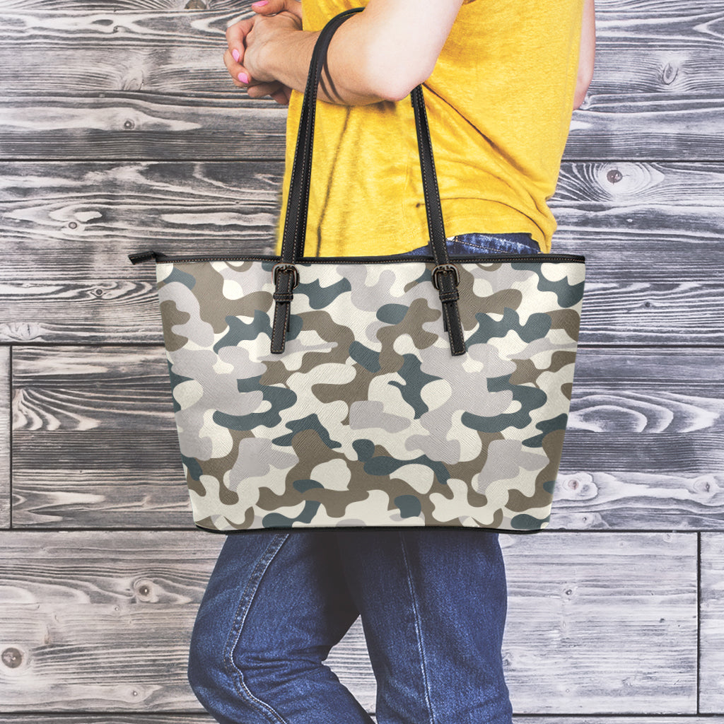 Grey And Brown Camouflage Print Leather Tote Bag