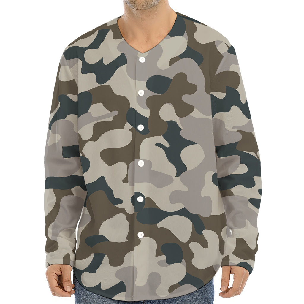 Grey And Brown Camouflage Print Long Sleeve Baseball Jersey