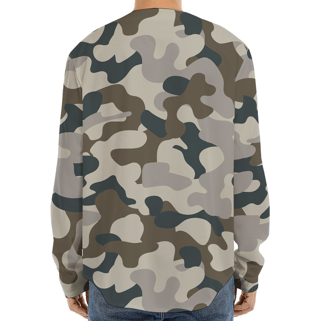 Grey And Brown Camouflage Print Long Sleeve Baseball Jersey