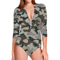 Grey And Brown Camouflage Print Long Sleeve Swimsuit