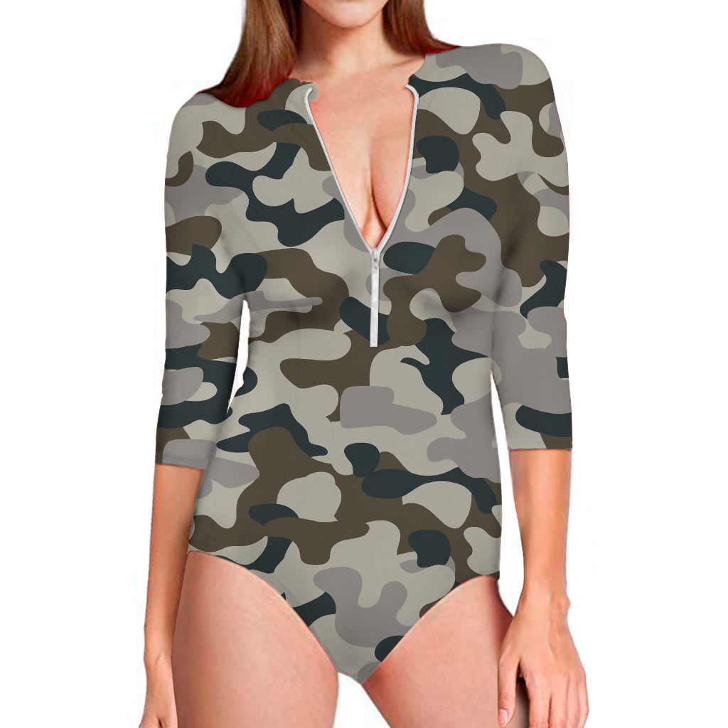 Grey And Brown Camouflage Print Long Sleeve Swimsuit
