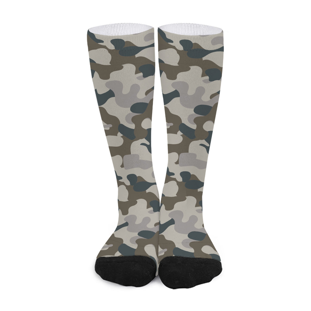 Grey And Brown Camouflage Print Long Socks