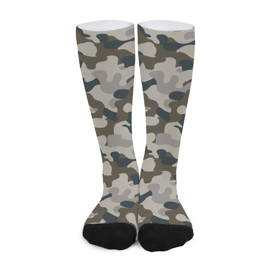 Grey And Brown Camouflage Print Long Socks