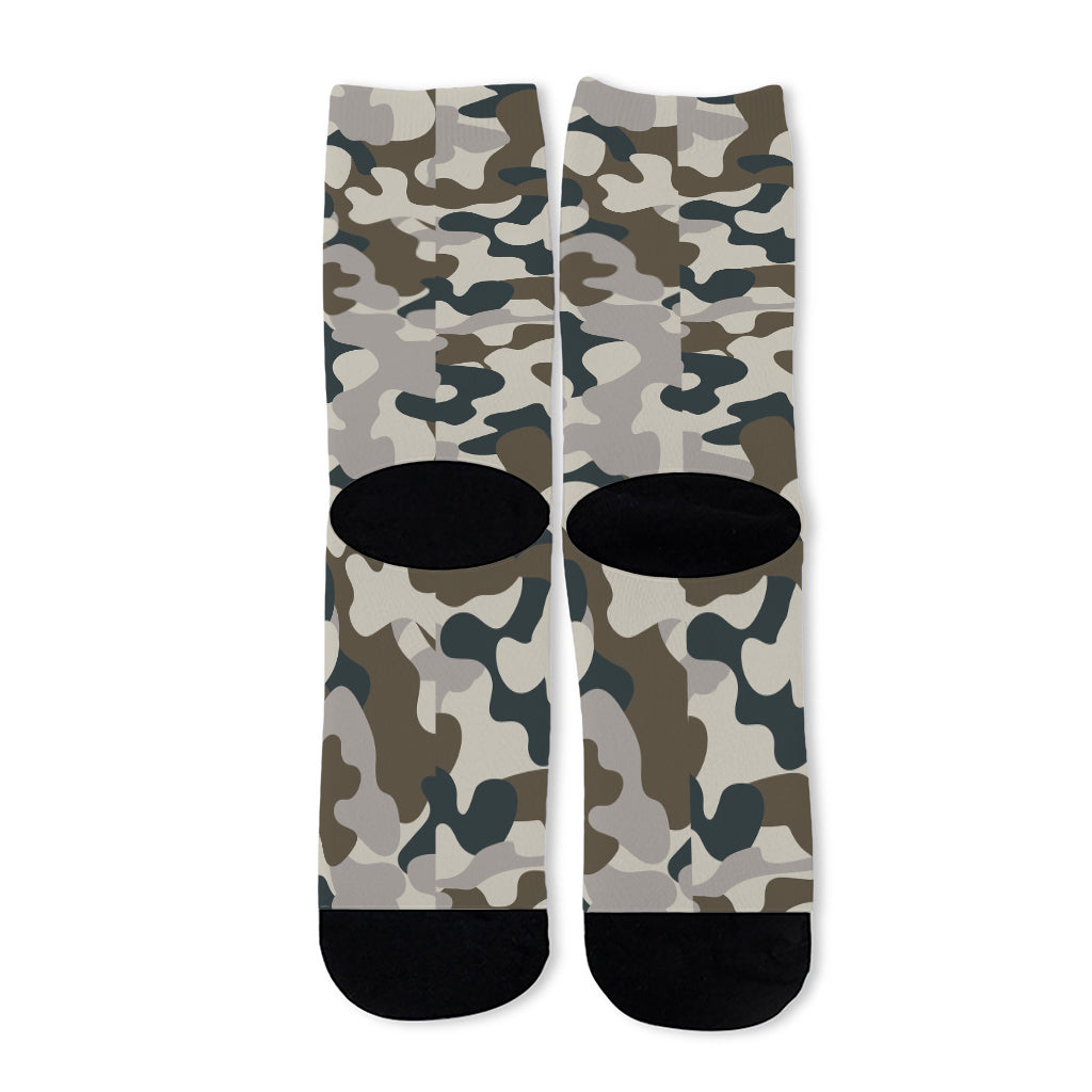Grey And Brown Camouflage Print Long Socks