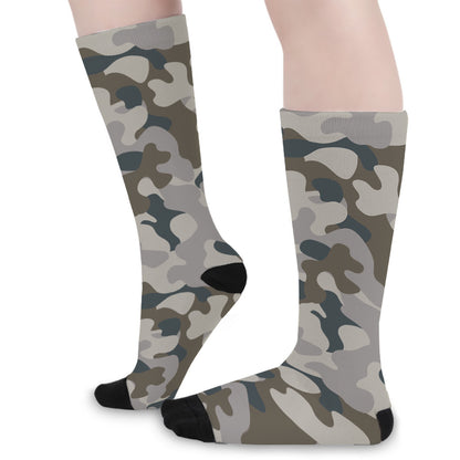 Grey And Brown Camouflage Print Long Socks