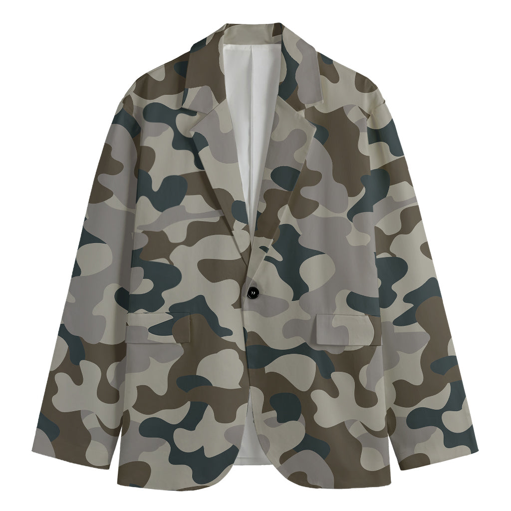 Grey And Brown Camouflage Print Men's Cotton Blazer