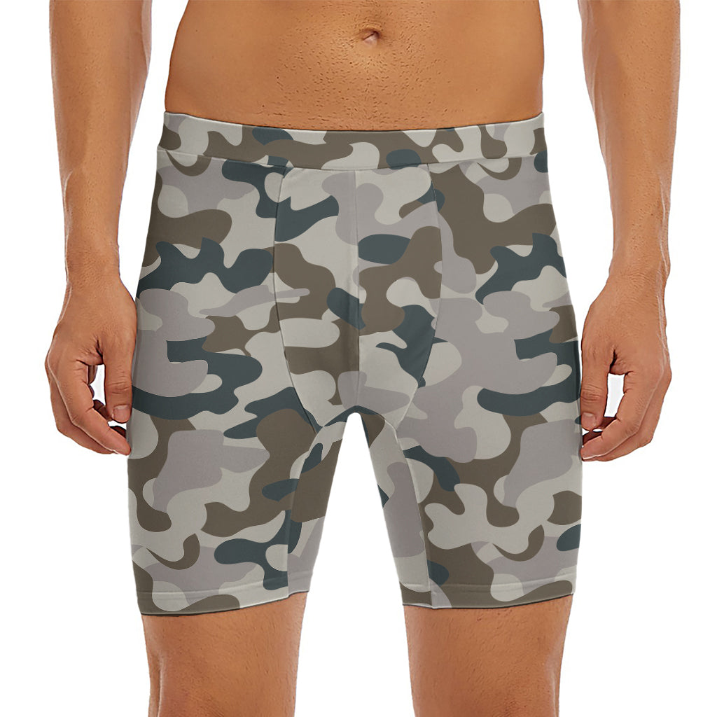 Grey And Brown Camouflage Print Men's Long Boxer Briefs