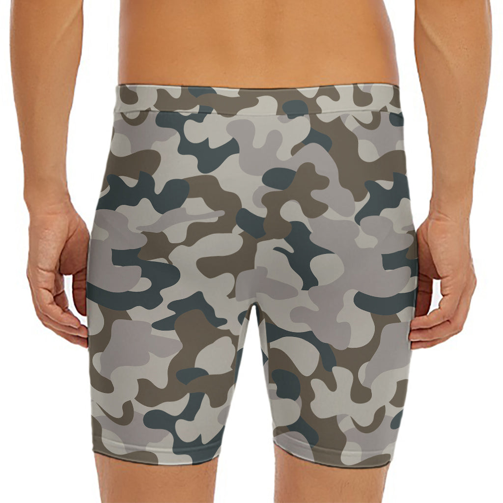 Grey And Brown Camouflage Print Men's Long Boxer Briefs