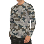 Grey And Brown Camouflage Print Men's Long Sleeve Rash Guard
