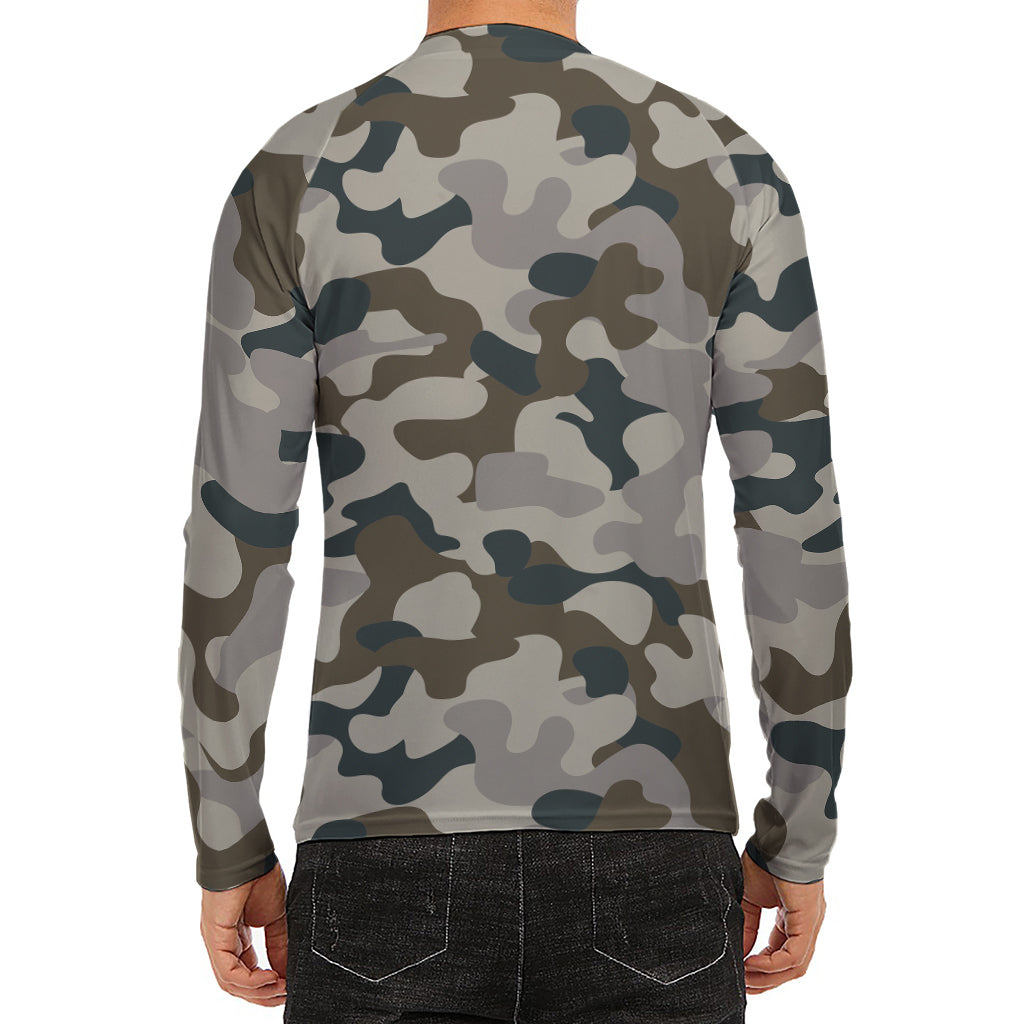 Grey And Brown Camouflage Print Men's Long Sleeve Rash Guard