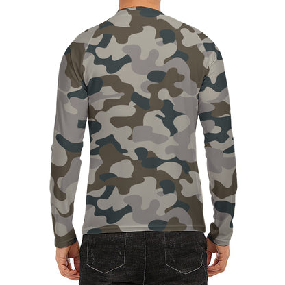 Grey And Brown Camouflage Print Men's Long Sleeve Rash Guard