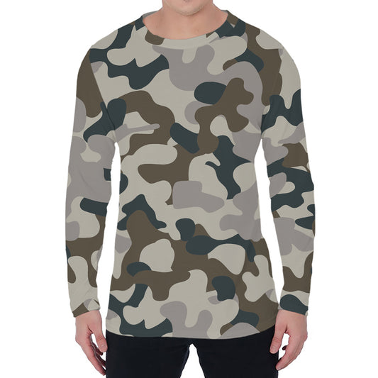 Grey And Brown Camouflage Print Men's Long Sleeve T-Shirt