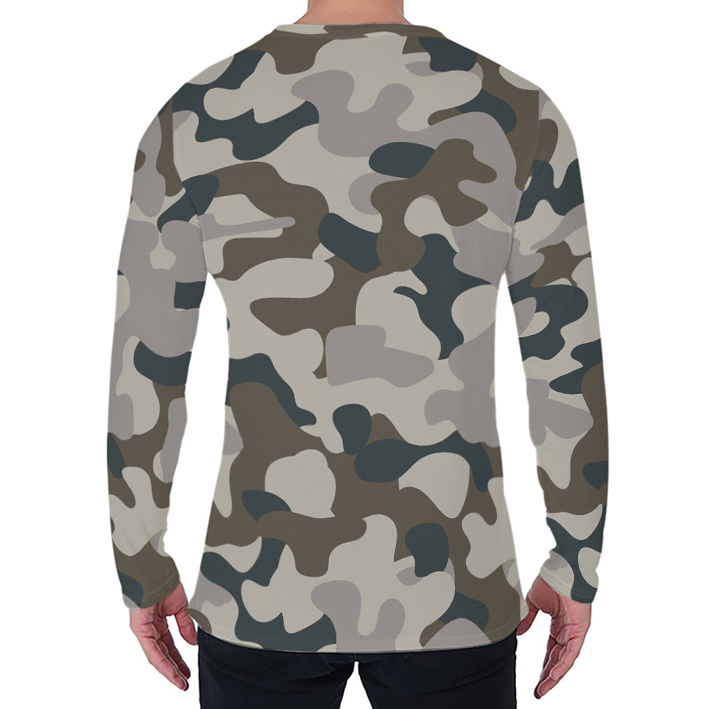 Grey And Brown Camouflage Print Men's Long Sleeve T-Shirt