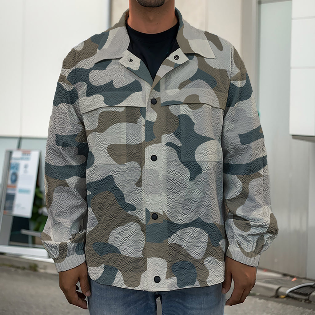 Grey And Brown Camouflage Print Men's Shirt Jacket
