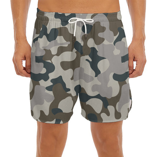 Grey And Brown Camouflage Print Men's Split Running Shorts