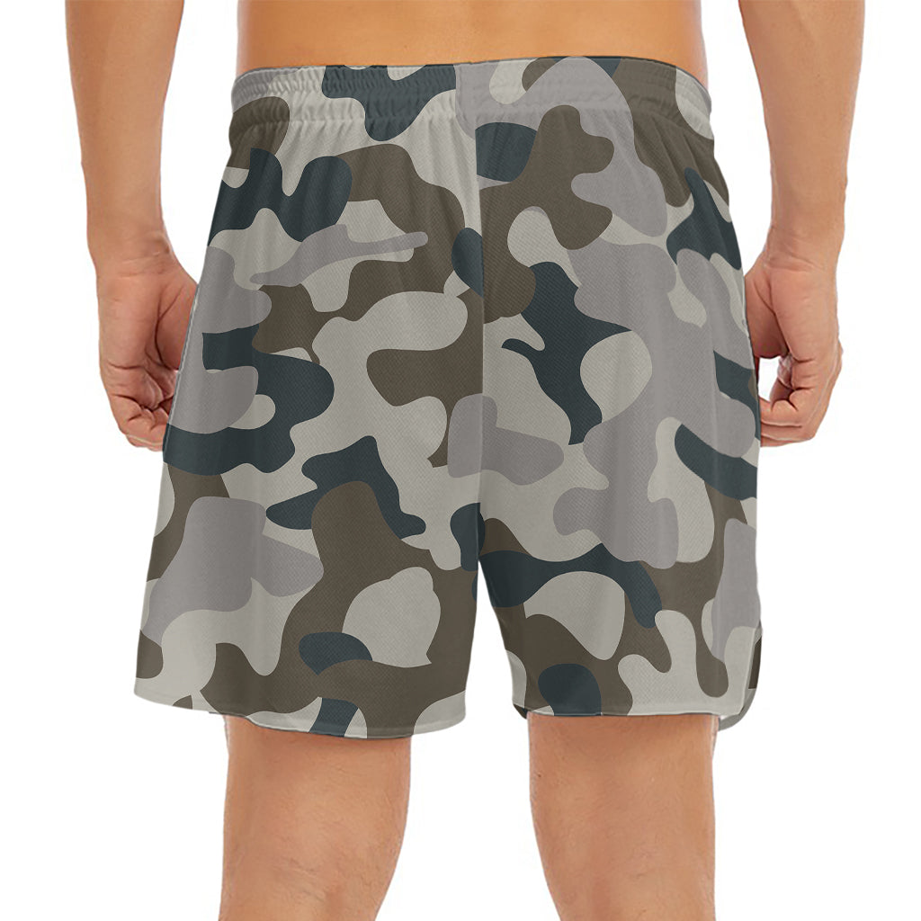 Grey And Brown Camouflage Print Men's Split Running Shorts