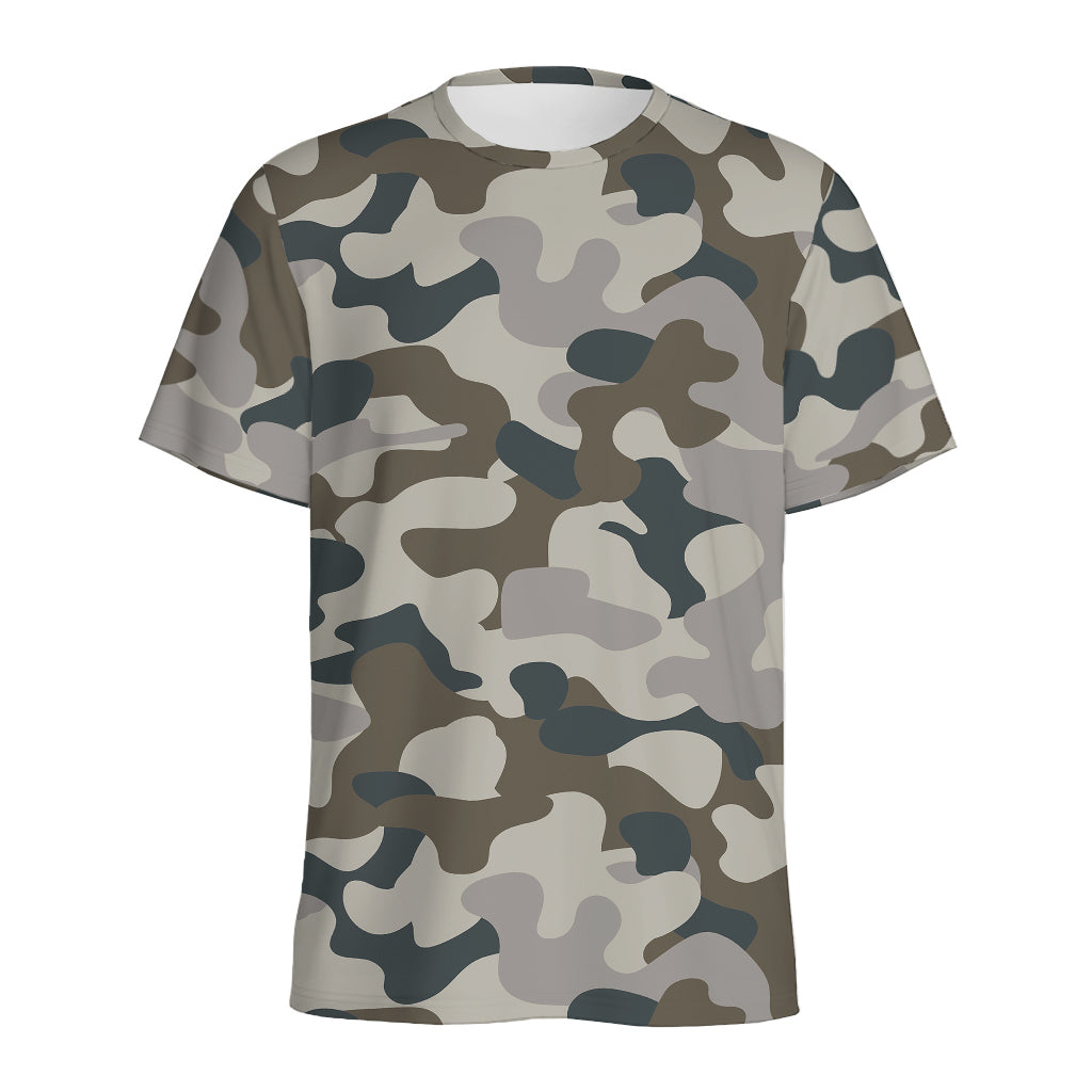 Grey And Brown Camouflage Print Men's Sports T-Shirt